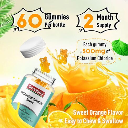 Potassium Gummies 500mg for Adults, 60 Servings, Sugar-Free Potassium Chloride Gummies, Heart Health & Muscle Relief for Women Men, Electrolyte Balance Boost, Efficient Potassium Supply in Saudi Arabia