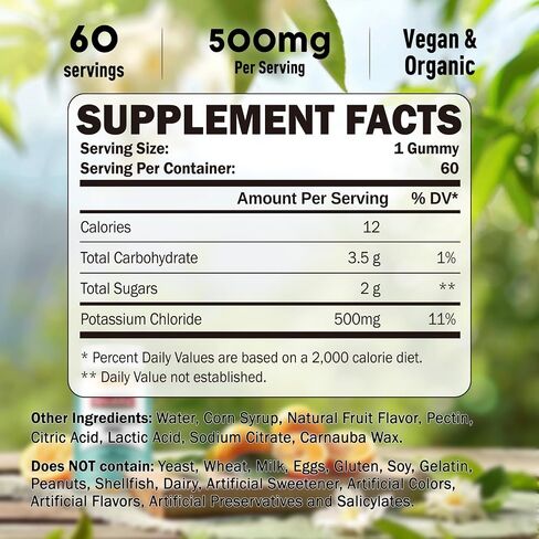 Potassium Gummies 500mg for Adults, 60 Servings, Sugar-Free Potassium Chloride Gummies, Heart Health & Muscle Relief for Women Men, Electrolyte Balance Boost, Efficient Potassium Supply in Saudi Arabia