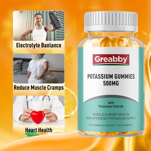 Potassium Gummies 500mg for Adults, 60 Servings, Sugar-Free Potassium Chloride Gummies, Heart Health & Muscle Relief for Women Men, Electrolyte Balance Boost, Efficient Potassium Supply in Saudi Arabia