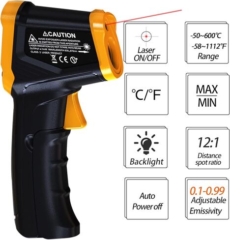 مسدس ميزان الحرارة الرقمي بالأشعة تحت الحمراء -58 درجة فهرنهايت إلى 1112 درجة فهرنهايت (-50 درجة مئوية إلى 600 درجة مئوية) انبعاثية قابلة للتعديل والحد الأقصى والدقيقة عدم الاتصال بالحرارة بالأشعة تحت الحمراء مسدس درجة حرارة الليزر للطهي والطعام والبيتزا  in Kuwait