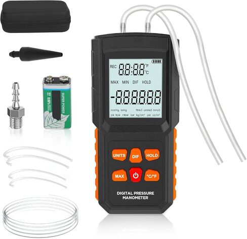 مقياس الضغط، مقياس الضغط الرقمي، مقياس الضغط المحسن ± 100 كيلو باسكال/14.5 رطل لكل بوصة مربعة، مقياس الضغط HVAC، جهاز قياس ضغط الغاز ثنائي المنفذ بدقة عالية، نطاق واسع، 5 خراطيم مقياس الضغط in Kuwait