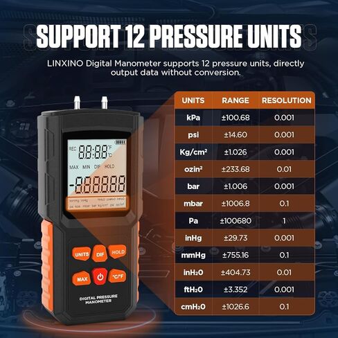 مقياس الضغط، مقياس الضغط الرقمي، مقياس الضغط المحسن ± 100 كيلو باسكال/14.5 رطل لكل بوصة مربعة، مقياس الضغط HVAC، جهاز قياس ضغط الغاز ثنائي المنفذ بدقة عالية، نطاق واسع، 5 خراطيم مقياس الضغط in Kuwait