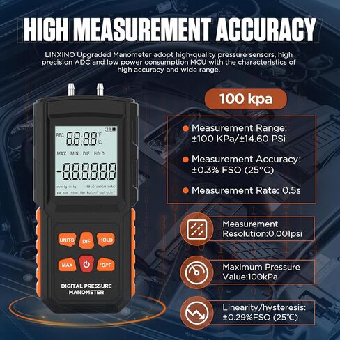 مقياس الضغط، مقياس الضغط الرقمي، مقياس الضغط المحسن ± 100 كيلو باسكال/14.5 رطل لكل بوصة مربعة، مقياس الضغط HVAC، جهاز قياس ضغط الغاز ثنائي المنفذ بدقة عالية، نطاق واسع، 5 خراطيم مقياس الضغط in Kuwait