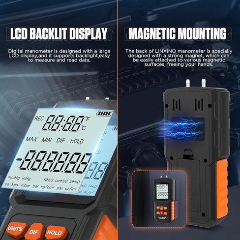 مقياس الضغط، مقياس الضغط الرقمي، مقياس الضغط المحسن ± 100 كيلو باسكال/14.5 رطل لكل بوصة مربعة، مقياس الضغط HVAC، جهاز قياس ضغط الغاز ثنائي المنفذ بدقة عالية، نطاق واسع، 5 خراطيم مقياس الضغط in Kuwait