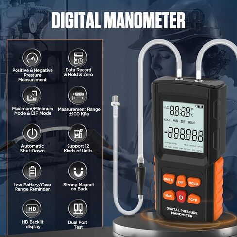 مقياس الضغط، مقياس الضغط الرقمي، مقياس الضغط المحسن ± 100 كيلو باسكال/14.5 رطل لكل بوصة مربعة، مقياس الضغط HVAC، جهاز قياس ضغط الغاز ثنائي المنفذ بدقة عالية، نطاق واسع، 5 خراطيم مقياس الضغط in Kuwait