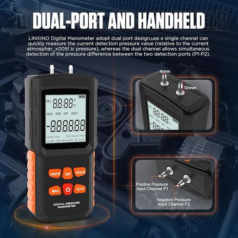مقياس الضغط، مقياس الضغط الرقمي، مقياس الضغط المحسن ± 100 كيلو باسكال/14.5 رطل لكل بوصة مربعة، مقياس الضغط HVAC، جهاز قياس ضغط الغاز ثنائي المنفذ بدقة عالية، نطاق واسع، 5 خراطيم مقياس الضغط in Kuwait