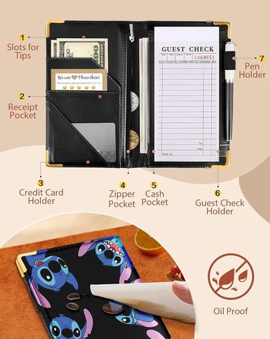 Akkya Server Book for Waitress Cute Serving Books with Zipper Pocket Accessories Cartoon Leather Server Check Book Restaurant Server Booklet Ticket Book Holder in Saudi Arabia