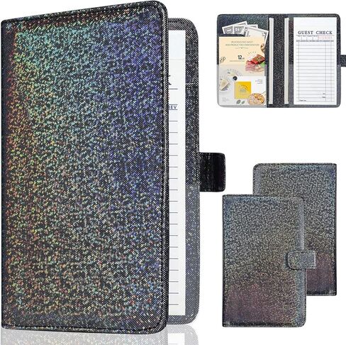 Server Books for Waitress - Leather Waiter Book Server Wallet Cute Waitress Book&Waitstaff Organizer, Waitress Book with Money Pocket&Magnetic Closure Fit Server Apron, Glitter Black in Saudi Arabia