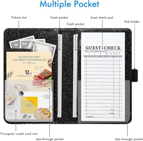 Server Books for Waitress - Leather Waiter Book Server Wallet Cute Waitress Book&Waitstaff Organizer, Waitress Book with Money Pocket&Magnetic Closure Fit Server Apron, Glitter Black in Saudi Arabia