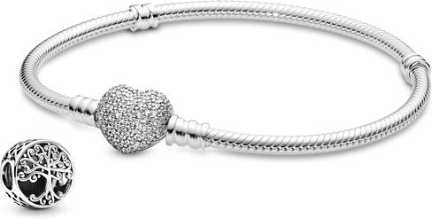 Pandora Jewelry Bundle with Gift Box - Family Roots Sterling Silver Charm & Moments Sterling Silver Snake Chain Charm Bracelet with Heart Clasp with CZ, 7.1" - Gift for Women in Saudi Arabia