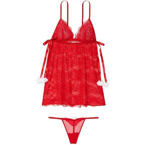 Victoria's Secret Flyaway Lace Babydoll Set Fluffy Pom Poms Color Red New in Saudi Arabia