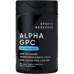 Sports Research® Alpha GPC 630mg (قوة إضافية) - المصدر المتاح للتشولين - التركيز والدعم المعرفي للنساء والرجال - مصدقة نباتية · غير المعدلة وراثيا خالية من الغلوتين - 120 كبسولات سائلة in Kuwait