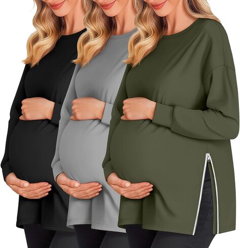 3 حزمة قمصان الأمومة للسيدات الأمومة طويلة الأكمام القمصان القطن سستة مقسمة جانبية منافذ الملابس الفضفاضة غير الرسمية in Kuwait