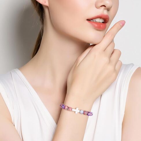 JoycuFF Cross Bracelet for Women Christian Faith Gifts Catholic ReligiousEaster Christian Jewelry, Meaningful Baptism Communion Natural Beads Bracelets in Saudi Arabia