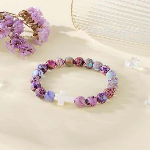 JoycuFF Cross Bracelet for Women Christian Faith Gifts Catholic ReligiousEaster Christian Jewelry, Meaningful Baptism Communion Natural Beads Bracelets in Saudi Arabia
