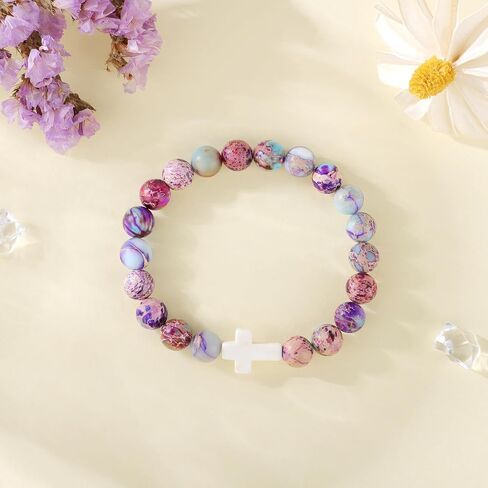 JoycuFF Cross Bracelet for Women Christian Faith Gifts Catholic ReligiousEaster Christian Jewelry, Meaningful Baptism Communion Natural Beads Bracelets in Saudi Arabia