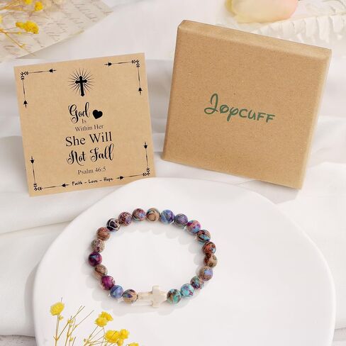 JoycuFF Cross Bracelet for Women Christian Faith Gifts Catholic ReligiousEaster Christian Jewelry, Meaningful Baptism Communion Natural Beads Bracelets in Saudi Arabia
