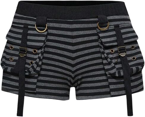 Women's Y2k Striped Shorts Elastic Waist Low Rise Grunge Punk Mini Short Party Club Micro Short with Flap Pocket in Saudi Arabia