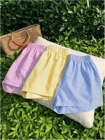 SHENHE Women's 3 Pack Summer Striped Boxer Shorts Elastic Waist Wide Leg Casual Shorts in Saudi Arabia