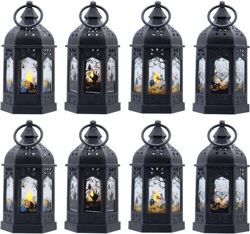 LLQ 5" Mini Lanterns with Halloween Pattern Glass & Flickering LED Candles for Halloween Decorations, Small Lantern Decorative for Table Centerpiece Party Decor, 8Pack, Hanging Candle Holder Ornaments in Kuwait
