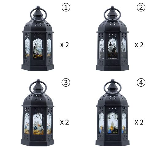 LLQ 5" Mini Lanterns with Halloween Pattern Glass & Flickering LED Candles for Halloween Decorations, Small Lantern Decorative for Table Centerpiece Party Decor, 8Pack, Hanging Candle Holder Ornaments in Kuwait