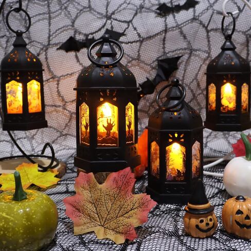 LLQ 5" Mini Lanterns with Halloween Pattern Glass & Flickering LED Candles for Halloween Decorations, Small Lantern Decorative for Table Centerpiece Party Decor, 8Pack, Hanging Candle Holder Ornaments in Kuwait