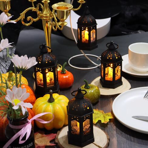 LLQ 5" Mini Lanterns with Halloween Pattern Glass & Flickering LED Candles for Halloween Decorations, Small Lantern Decorative for Table Centerpiece Party Decor, 8Pack, Hanging Candle Holder Ornaments in Kuwait