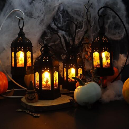 LLQ 5" Mini Lanterns with Halloween Pattern Glass & Flickering LED Candles for Halloween Decorations, Small Lantern Decorative for Table Centerpiece Party Decor, 8Pack, Hanging Candle Holder Ornaments in Kuwait