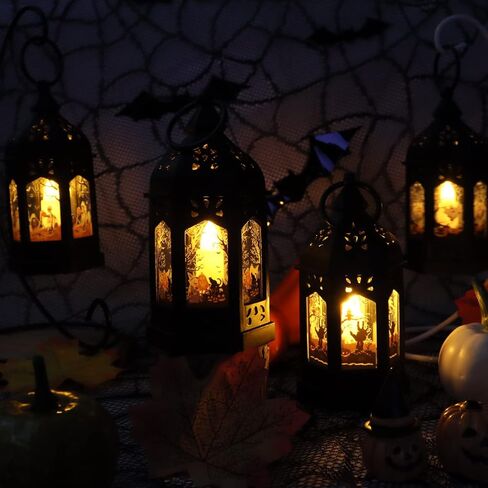 LLQ 5" Mini Lanterns with Halloween Pattern Glass & Flickering LED Candles for Halloween Decorations, Small Lantern Decorative for Table Centerpiece Party Decor, 8Pack, Hanging Candle Holder Ornaments in Kuwait