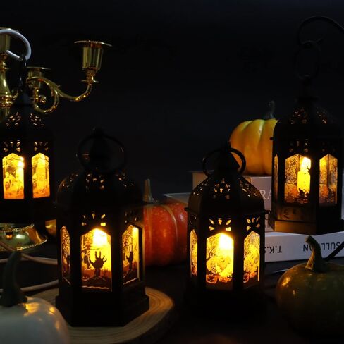 LLQ 5" Mini Lanterns with Halloween Pattern Glass & Flickering LED Candles for Halloween Decorations, Small Lantern Decorative for Table Centerpiece Party Decor, 8Pack, Hanging Candle Holder Ornaments in Kuwait