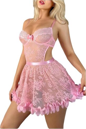 Oyoangle للنساء الملابس الداخلية الرومانسية الدانتيل الأزهار طباعة babydoll حزام تيدي تيدي كيميس الرسن شبكة ثوب نوم in Saudi Arabia