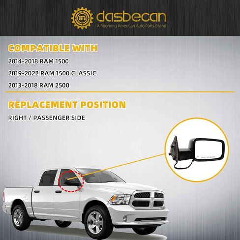 Dasbecan Driver Side Mirror متوافقة مع 2014-2018 RAM 1500 ، 2019-2022 1500 كلاسيكي المرآة اليسرى مع الزجاج المسخن الطاقة ، طي يدوي ، مستشعر مؤقت يستبدل 68462819AA in Saudi Arabia