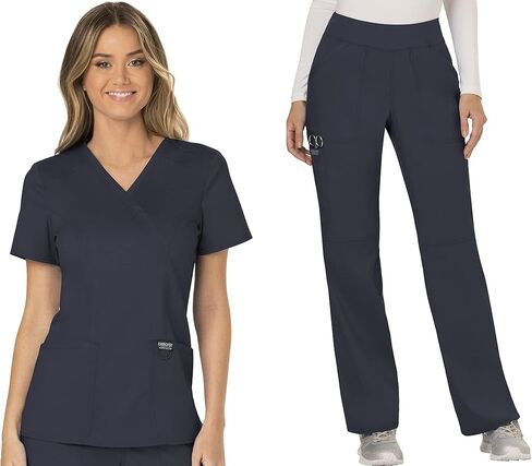 Cherokee Scrub Set for Women, Mock Wrap Top & Mid Rise Straight Leg Pant, Ultra Soft 2-Way Stretch Medical Uniform - CK00040C in Saudi Arabia