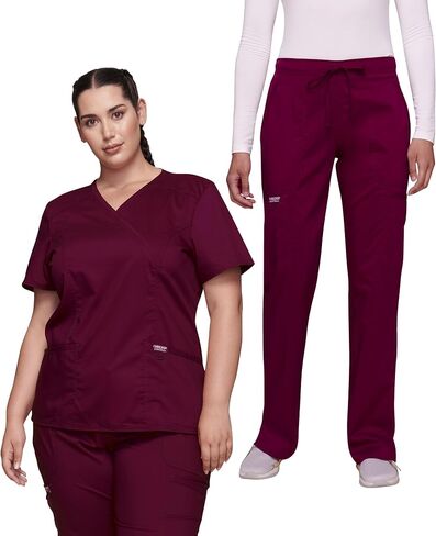 Cherokee Women's Scrub Set Mock Wrap Top with Princess Seams WW610 Mid Rise Tapered Leg Elastic Waist Drawstring Pant WW105, Wine - M Top/M Tall Pant in Saudi Arabia
