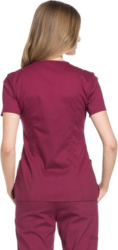 Cherokee Women's Scrub Set Mock Wrap Top with Princess Seams WW610 Mid Rise Tapered Leg Elastic Waist Drawstring Pant WW105, Wine - M Top/M Tall Pant in Saudi Arabia