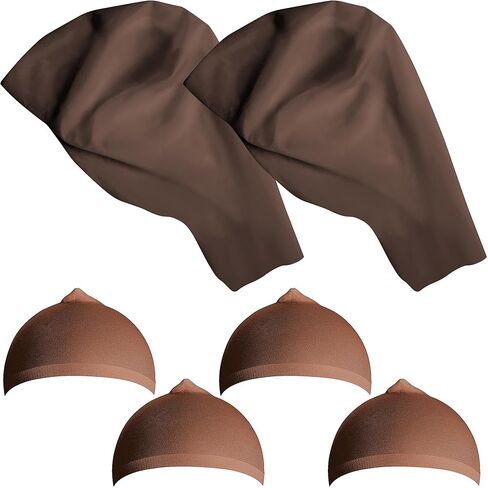 ICEYYYY 2 Pack Cap Dark Brown Bald Cap ، Halloween Caps Caps Brown Brown With 4 Hairnets ، Cap Back Latex Fake Cap for Halloween و Makeup و Costume و Theater و Cosplay Party in Kuwait