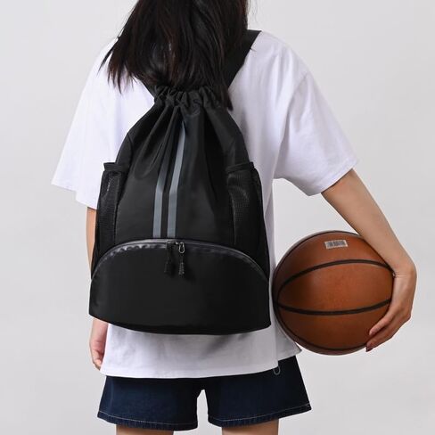 Drawstring Backpack for Men and Women, Waterproof Drawstring Bag with Shoes Compartment Wet Proof Pocket & Side Mesh Bottle Pocket, Sports Bags for Swim Gym Soccer Basketball, Black in Saudi Arabia