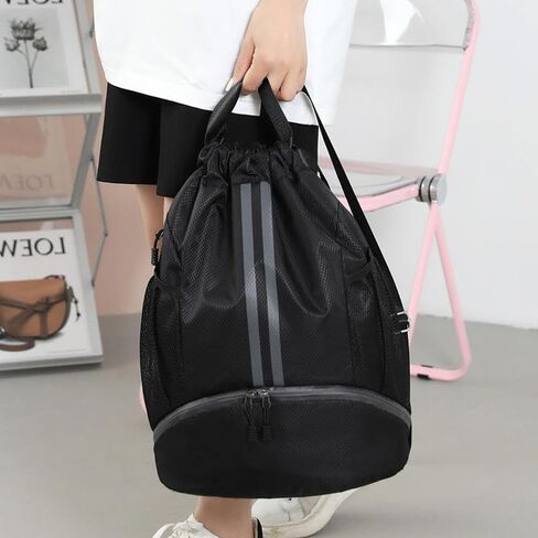 Drawstring Backpack for Men and Women, Waterproof Drawstring Bag with Shoes Compartment Wet Proof Pocket & Side Mesh Bottle Pocket, Sports Bags for Swim Gym Soccer Basketball, Black in Saudi Arabia