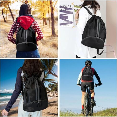 Drawstring Backpack for Men and Women, Waterproof Drawstring Bag with Shoes Compartment Wet Proof Pocket & Side Mesh Bottle Pocket, Sports Bags for Swim Gym Soccer Basketball, Black in Saudi Arabia