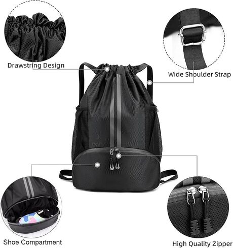 Drawstring Backpack for Men and Women, Waterproof Drawstring Bag with Shoes Compartment Wet Proof Pocket & Side Mesh Bottle Pocket, Sports Bags for Swim Gym Soccer Basketball, Black in Saudi Arabia