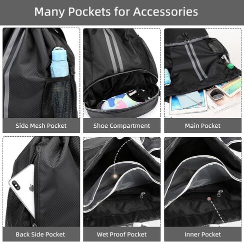 Drawstring Backpack for Men and Women, Waterproof Drawstring Bag with Shoes Compartment Wet Proof Pocket & Side Mesh Bottle Pocket, Sports Bags for Swim Gym Soccer Basketball, Black in Saudi Arabia
