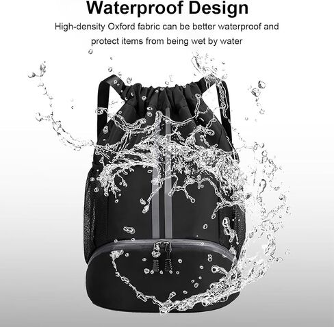 Drawstring Backpack for Men and Women, Waterproof Drawstring Bag with Shoes Compartment Wet Proof Pocket & Side Mesh Bottle Pocket, Sports Bags for Swim Gym Soccer Basketball, Black in Saudi Arabia