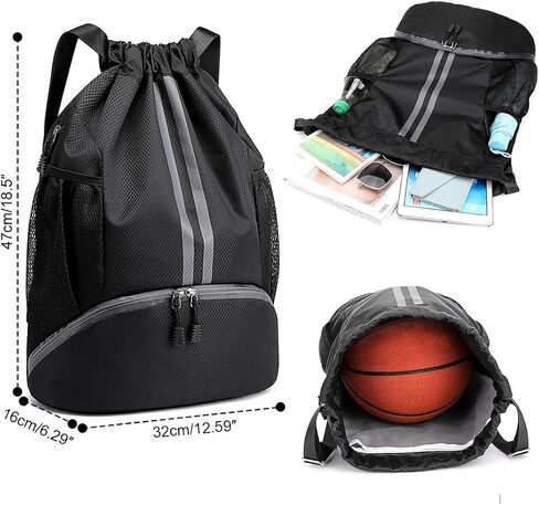 Drawstring Backpack for Men and Women, Waterproof Drawstring Bag with Shoes Compartment Wet Proof Pocket & Side Mesh Bottle Pocket, Sports Bags for Swim Gym Soccer Basketball, Black in Saudi Arabia