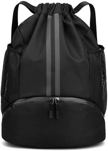Drawstring Backpack for Men and Women, Waterproof Drawstring Bag with Shoes Compartment Wet Proof Pocket & Side Mesh Bottle Pocket, Sports Bags for Swim Gym Soccer Basketball, Black in Saudi Arabia