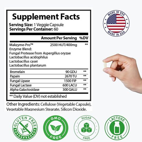 Digestive Enzyme Supplement with Probiotics Broad Spectrum Digestive Support with Makzyme-Pro, Lactase, Bromelain, Papain – 60 Vegan Capsules – Relieves Bloating, Gas, and Supports Gut Health in Saudi Arabia