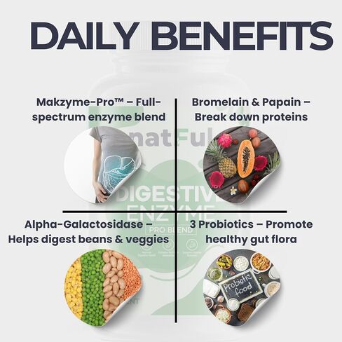 Digestive Enzyme Supplement with Probiotics Broad Spectrum Digestive Support with Makzyme-Pro, Lactase, Bromelain, Papain – 60 Vegan Capsules – Relieves Bloating, Gas, and Supports Gut Health in Saudi Arabia