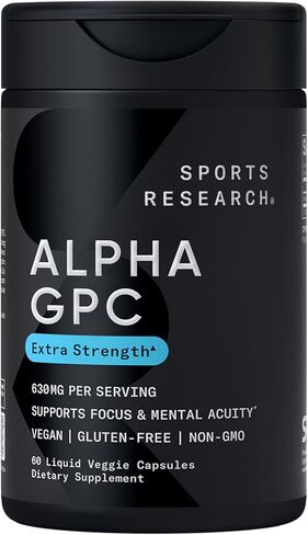 Sports Research® Alpha GPC 630mg (قوة إضافية) - المصدر المتاح للتشولين - التركيز والدعم المعرفي للنساء والرجال - مصدقة نباتية · غير المعدلة وراثيا خالية من الغلوتين - 120 كبسولات سائلة in Kuwait