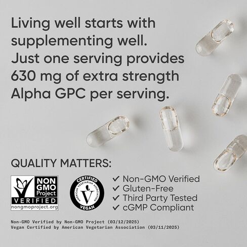 Sports Research® Alpha GPC 630mg (قوة إضافية) - المصدر المتاح للتشولين - التركيز والدعم المعرفي للنساء والرجال - مصدقة نباتية · غير المعدلة وراثيا خالية من الغلوتين - 120 كبسولات سائلة in Kuwait