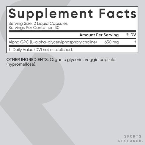 Sports Research® Alpha GPC 630mg (قوة إضافية) - المصدر المتاح للتشولين - التركيز والدعم المعرفي للنساء والرجال - مصدقة نباتية · غير المعدلة وراثيا خالية من الغلوتين - 120 كبسولات سائلة in Kuwait