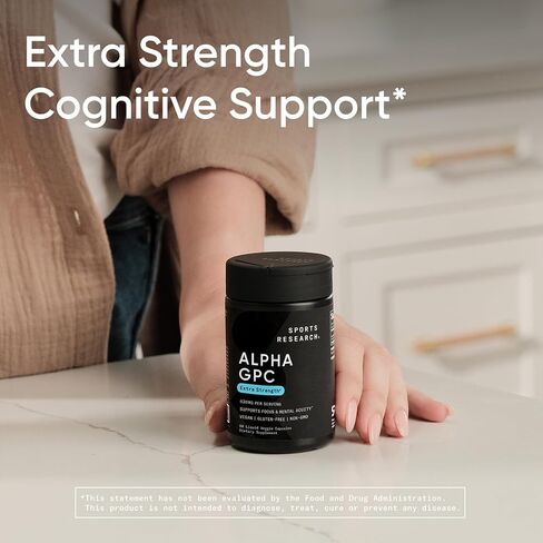 Sports Research® Alpha GPC 630mg (قوة إضافية) - المصدر المتاح للتشولين - التركيز والدعم المعرفي للنساء والرجال - مصدقة نباتية · غير المعدلة وراثيا خالية من الغلوتين - 120 كبسولات سائلة in Kuwait